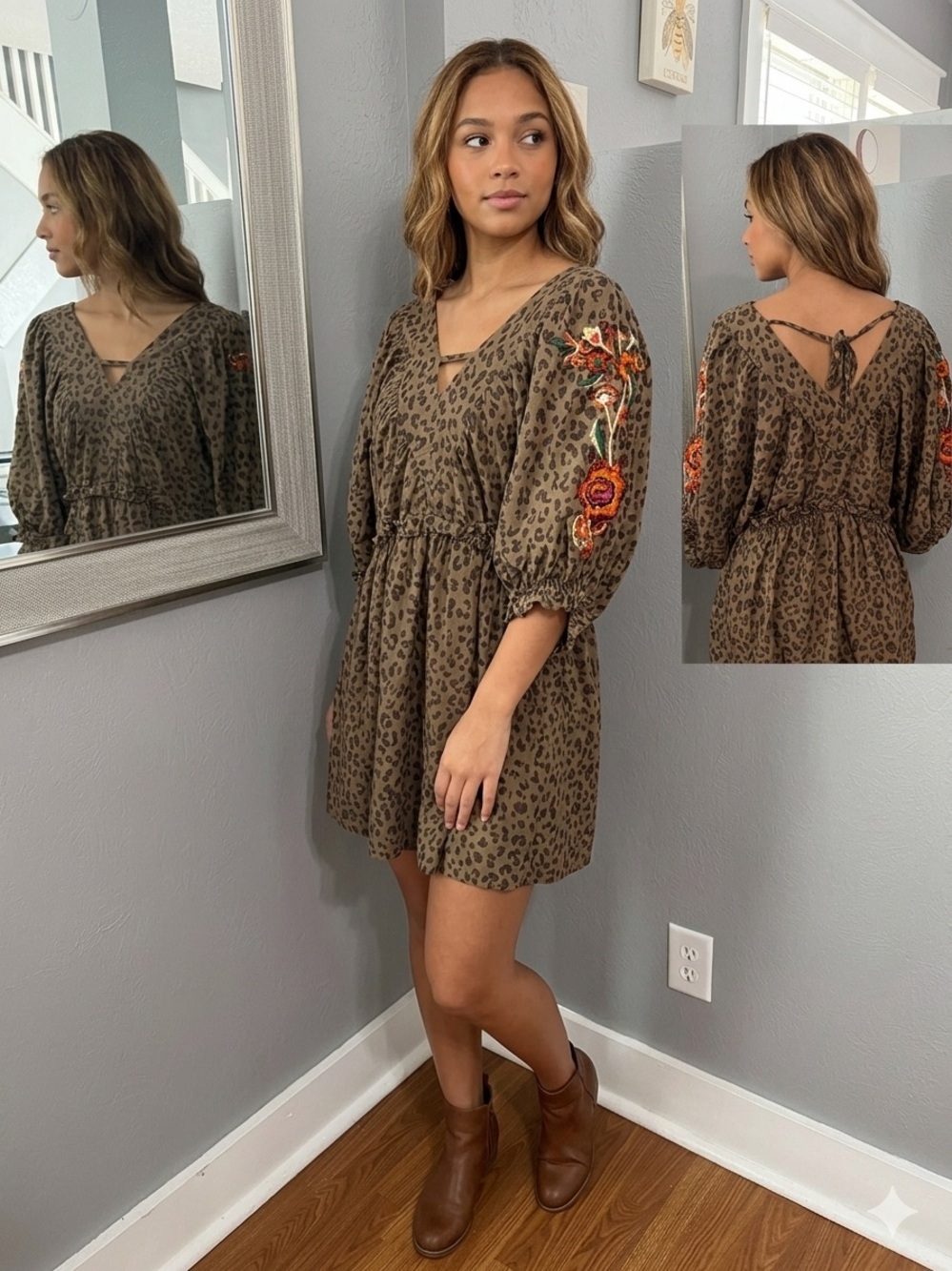 Cato Cheetah Print Floral Embroidered Puff Sleeve Ruffle Boho Sedona Dress Lg